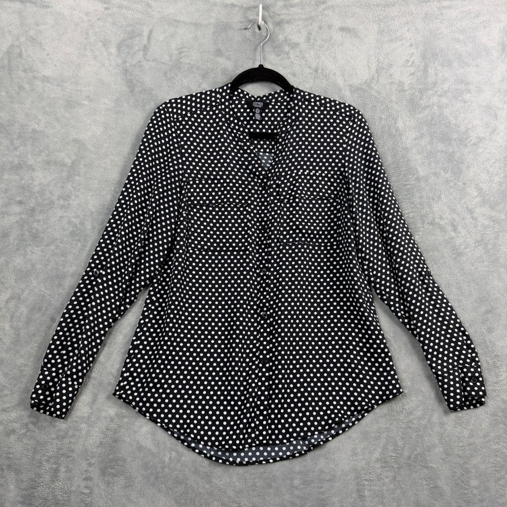 Jones New York Womens S Black Polka Dot Button Down Blouse Office Siren Y2K Top